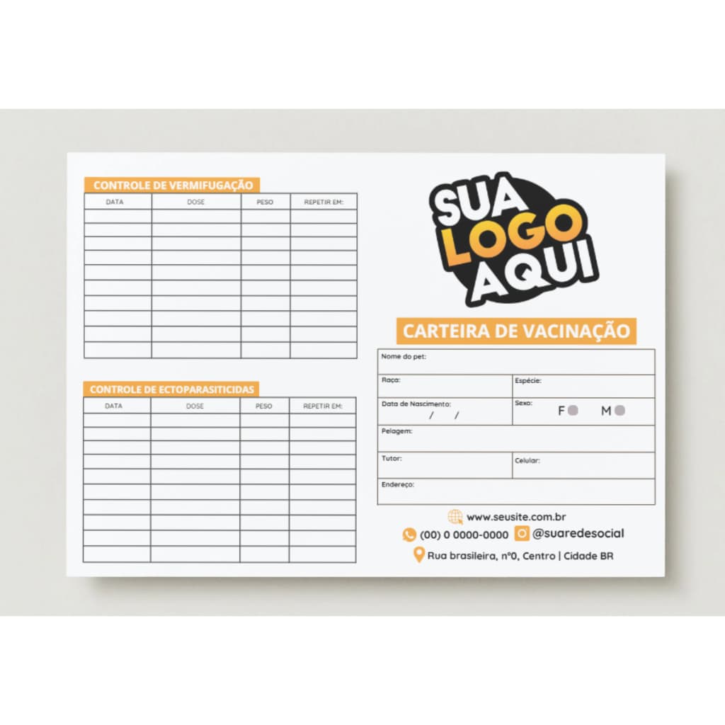 Carteiras de Vacinação Pet Personalizadas 12 Páginas | Para Clínica Veterinária e Pet Shop, 30, 60 e 120 unidades