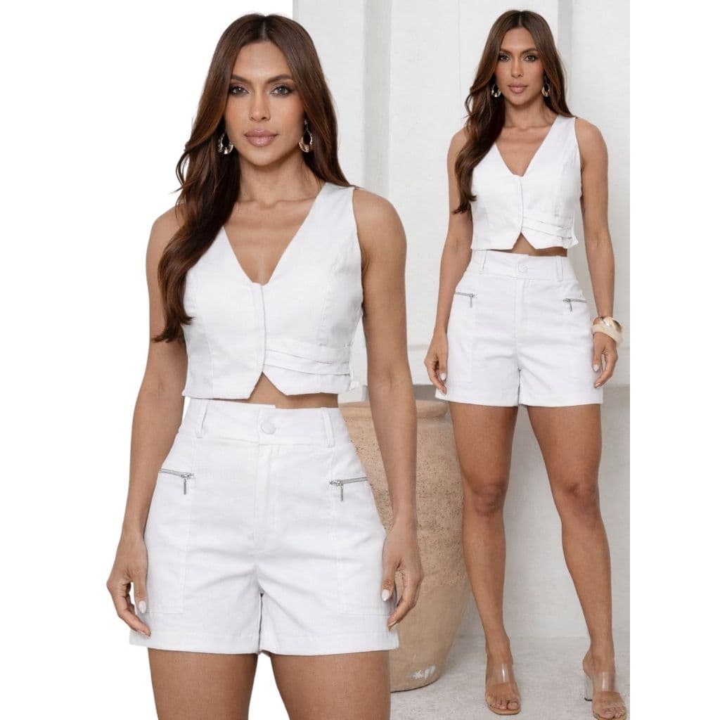 Conjunto Feminino Alfaiataria Cropped Colete e Shorts Elegante