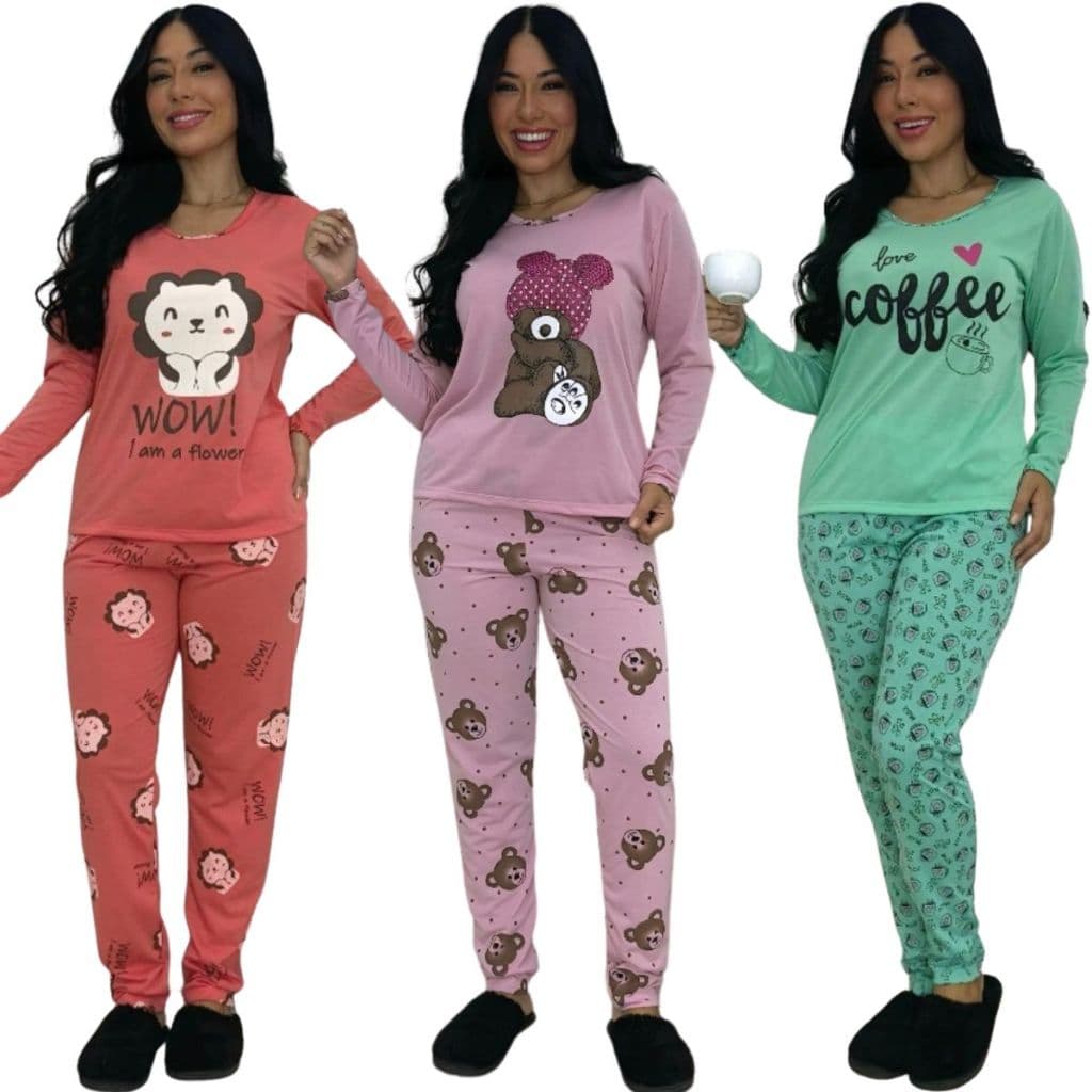 Conjunto Pijama Calça Comprida Manga Longa Frio Dormir Confortável Feminino Inverno