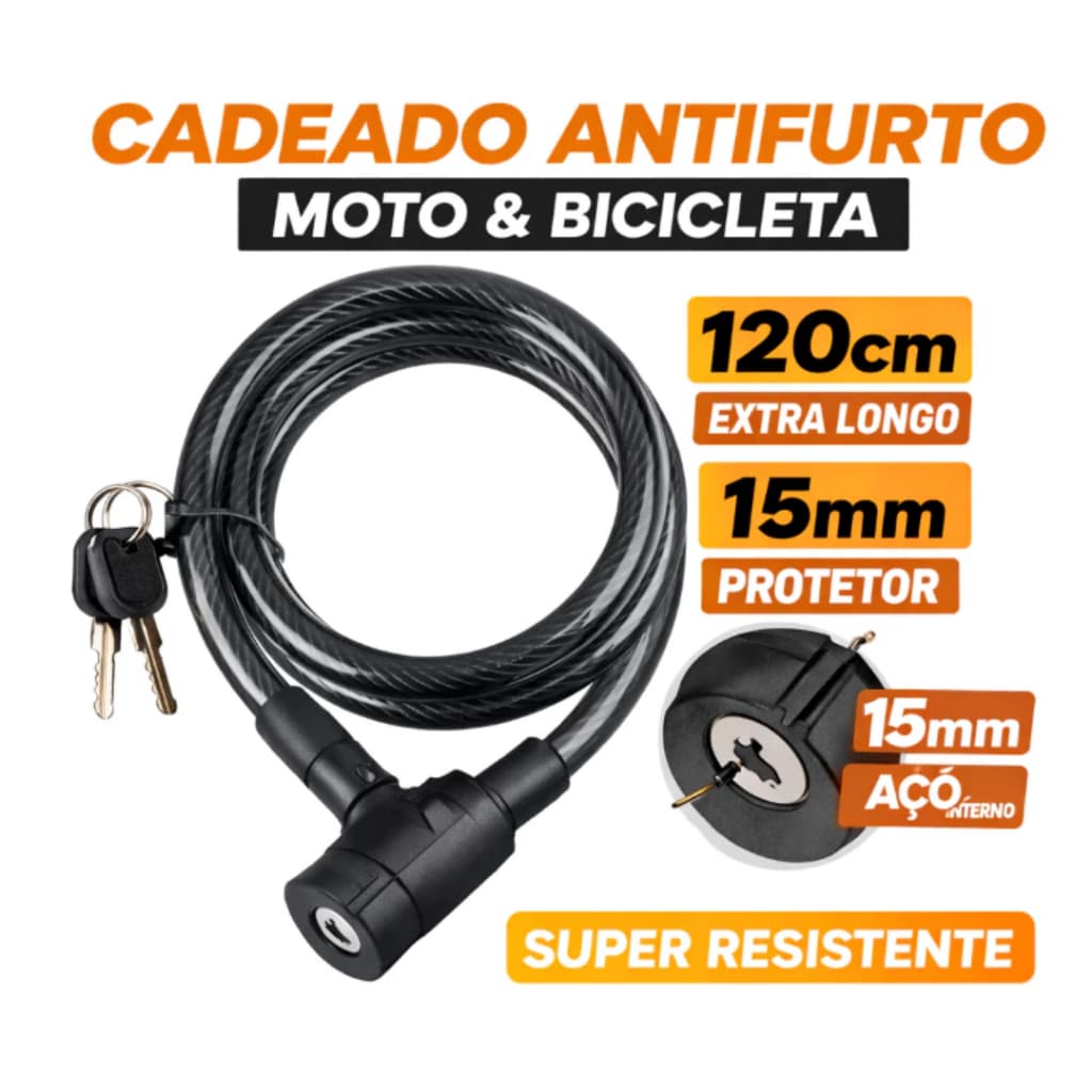 Cadeado Antifurto Moto e Bicicleta 120cm 15mm Cabo de Aço Revestido com 2 Chaves