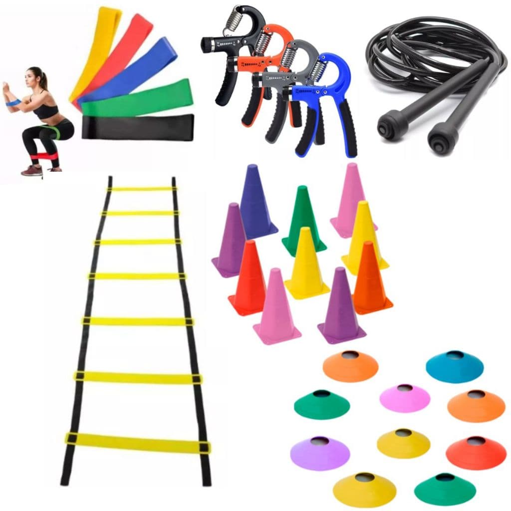 Kit Completo Treino Funcional Escada Agilidade 7 Degraus 10 Cones 10 Chapéu 5 Mini Bands 1 Corda Pular 1 Hand Grip