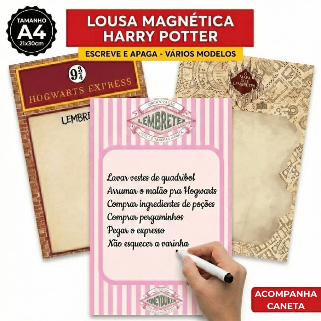 Lousa magnética imã de geladeira Harry potter, quadro lembretes, tarefas, recados, plastificado  21x30cm