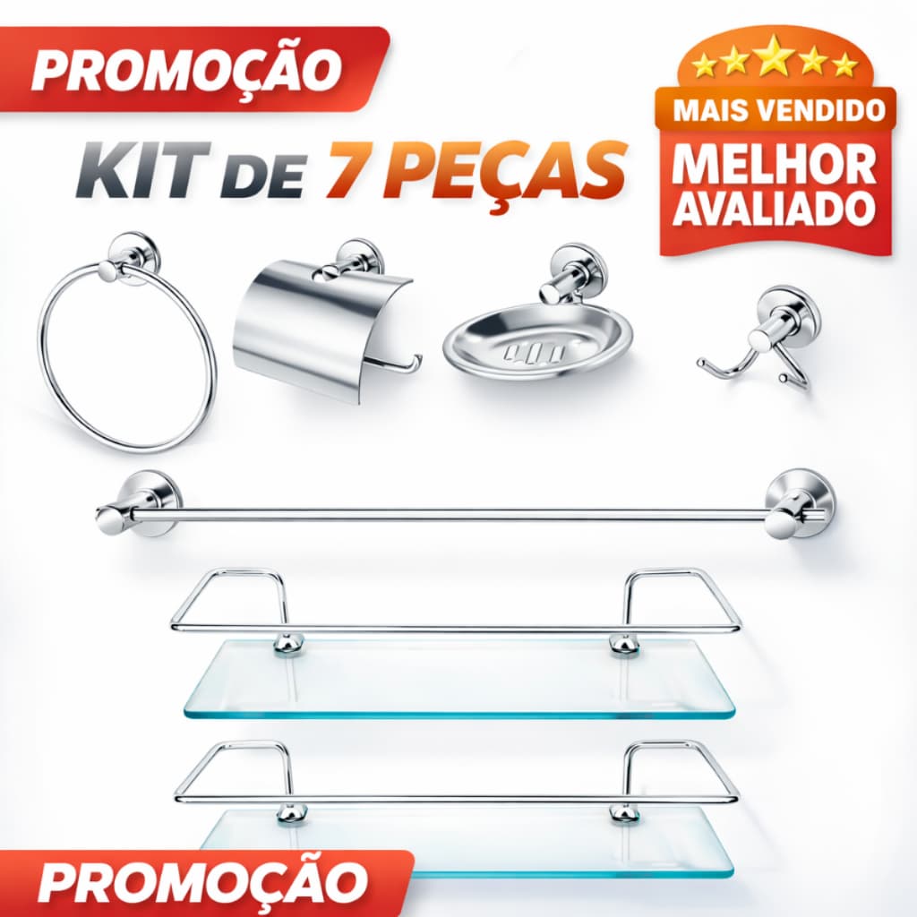 Kit Acessórios Banheiro 7 Peças Alumínio Cromado + 2 Porta Shampoo Vidro 30cm Não Enferruja Completo