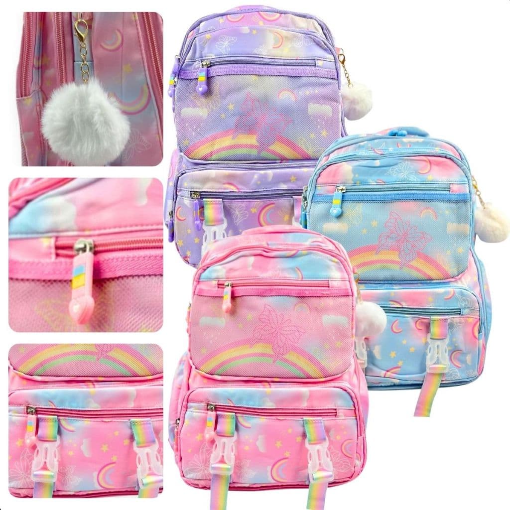 Mochila de Costa  Bolsa Escolar Arco-íris Borboleta  Grande Abertura 180° (Azul Celeste)
