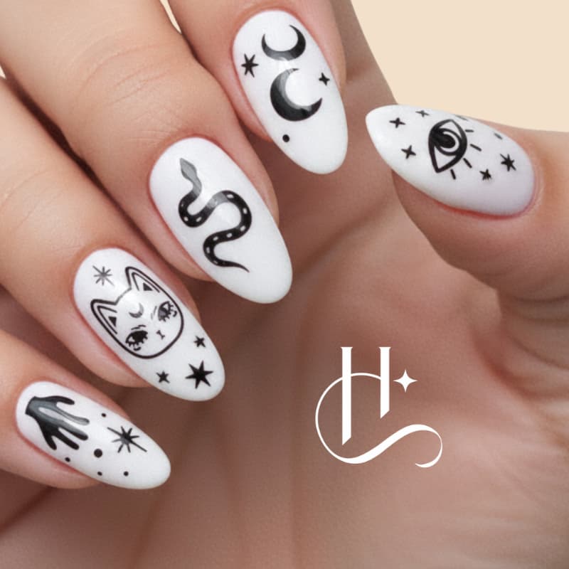Cartela Vários Adesivos de Unha Pretos Vintage Decorado Gato Místico Alternativo Gótico Y2K Nail Art