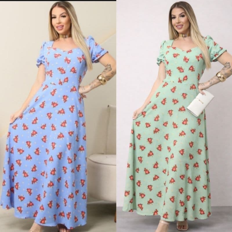 vestido femenino longo florido duna forrado elegante casual moda verao comgressos igreja cha de revelaçao chique