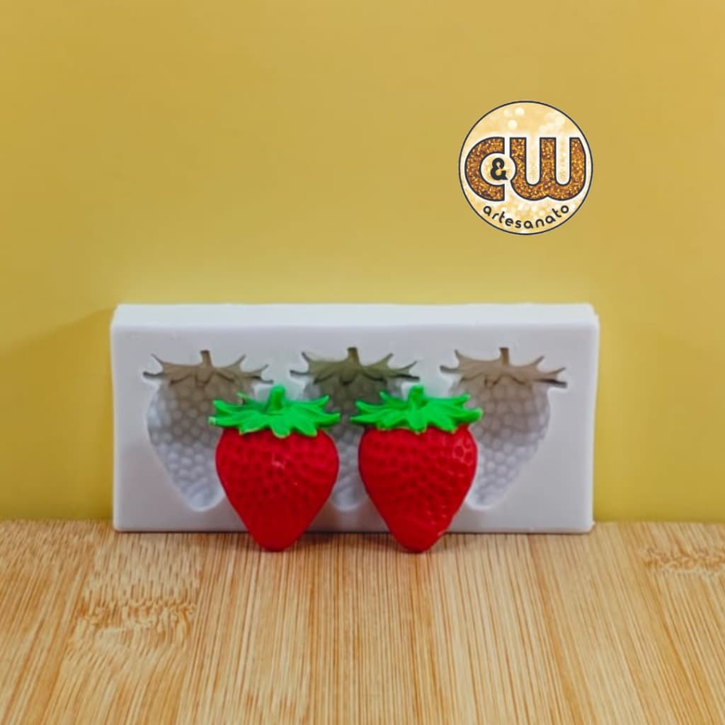 Molde de Silicone Morango com 3 Fruta Confeitaria e Artesanato