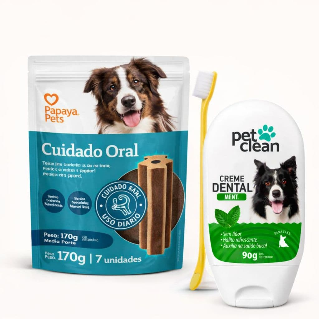 Kit Higiene Bucal Cães Escova + Creme Dental + Petisco Cuidado Oral