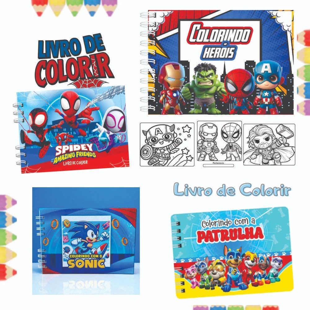 Livro de Colorir - Vários - Patrulha Canina - Sonic - Homem Aranha - Super Mário - Chaves- Minions -Capa Dura -50 Folhas