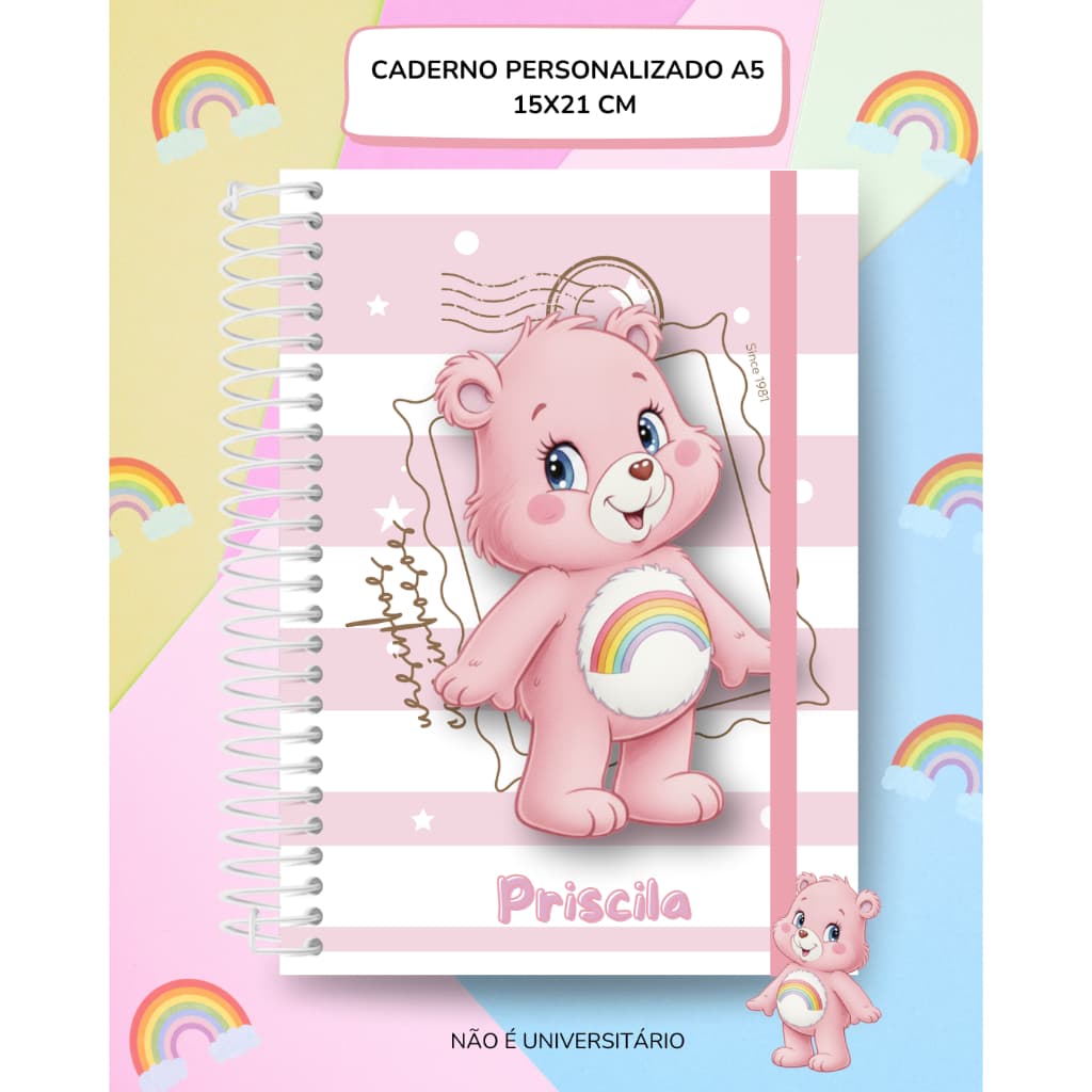 Caderno Personalizado Ursinhos Carinhosos A5 100 Folhas Capa Dura | Caderno Fofo Escolar com Nome / 15x21 cm
