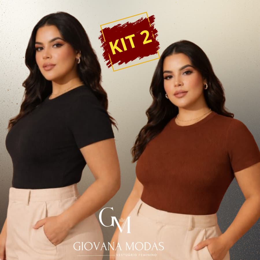 KIT 2 Blusa Feminina Estilosa Canelada Plus Size Gola Alta T-Shirt