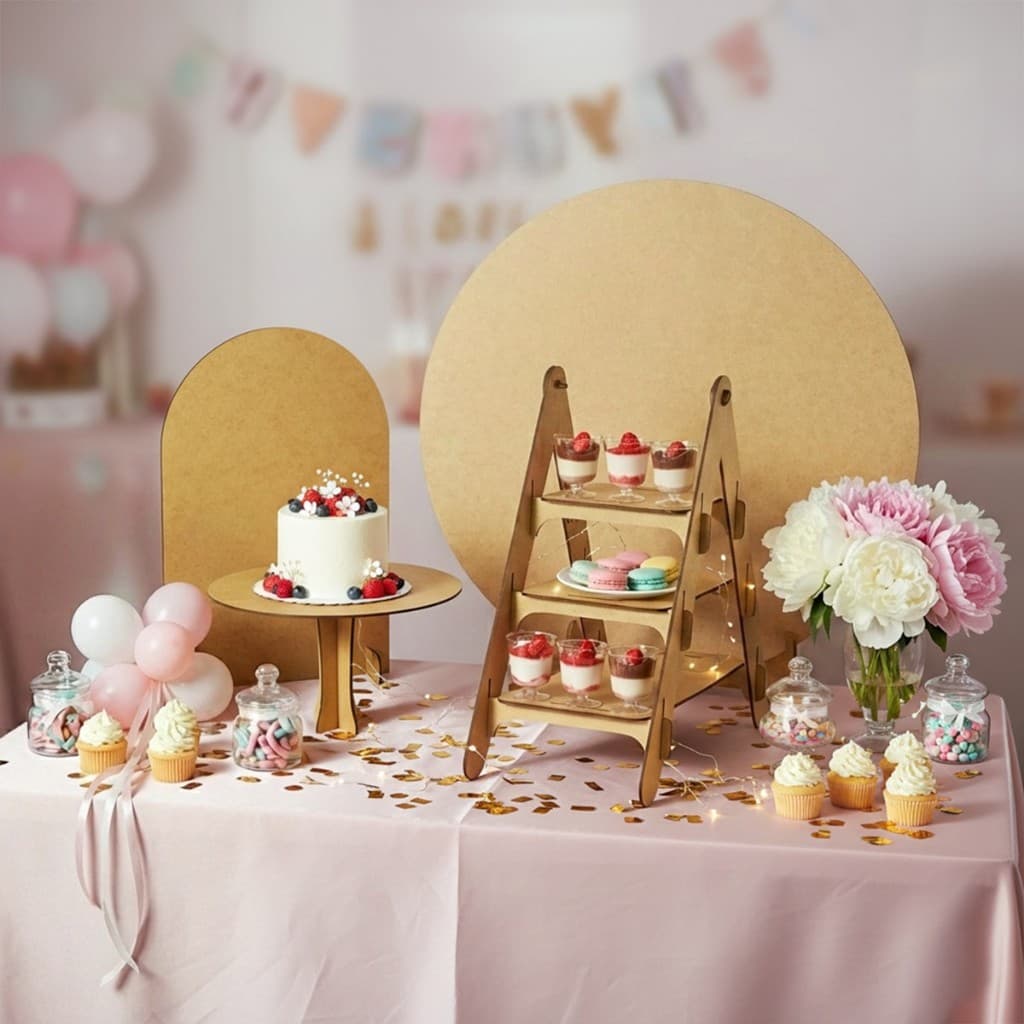 Kit Festa na Mesa 4 Peças Painel Redondo 50x50 Boleira Escadinha Painel Romano Mdf