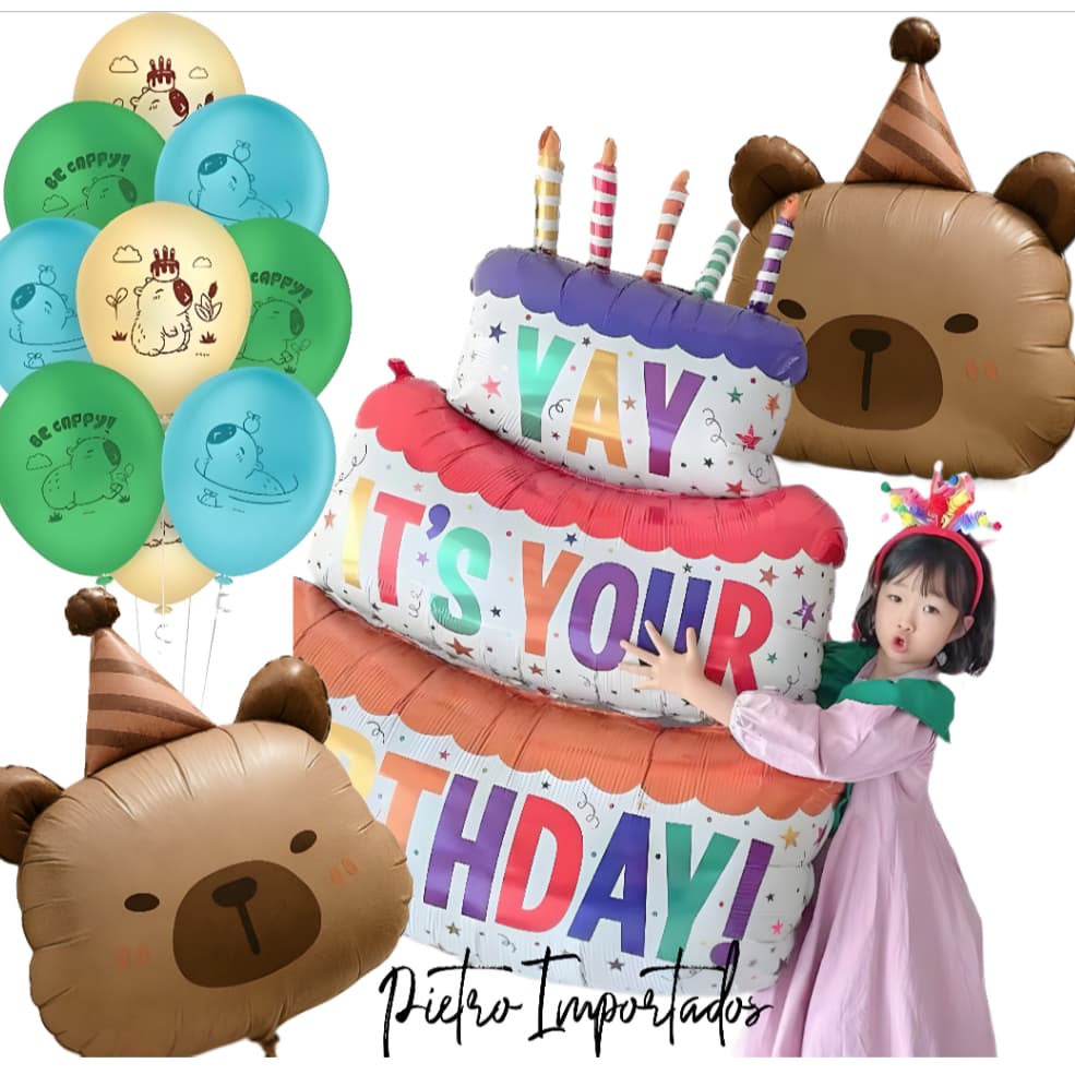 Kit Balões Capivara + 2 Capivara Gigante + Balão De Bolo Com velas Gigante