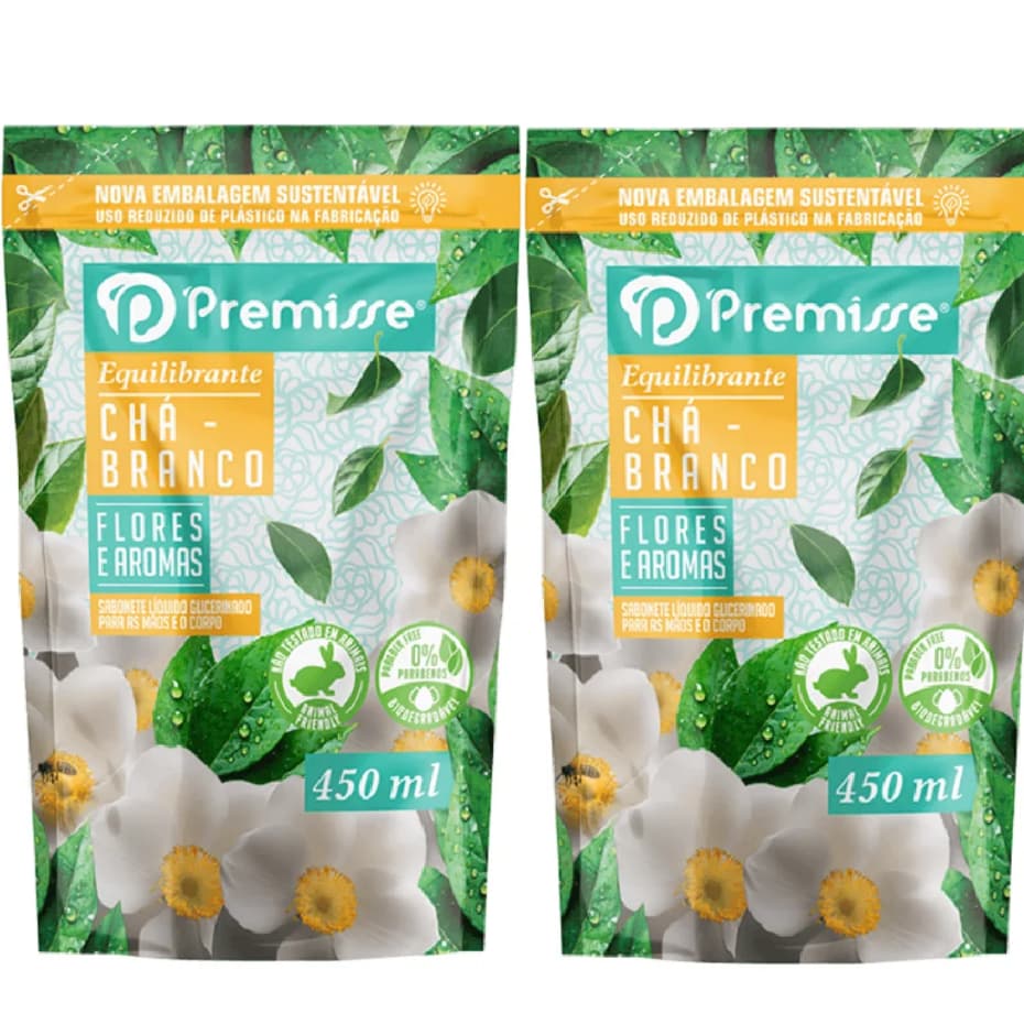 Sabonete Líquido Chá Branco Para Mãos Rosto e Corpo Refil 450ml Kit 2 unid
