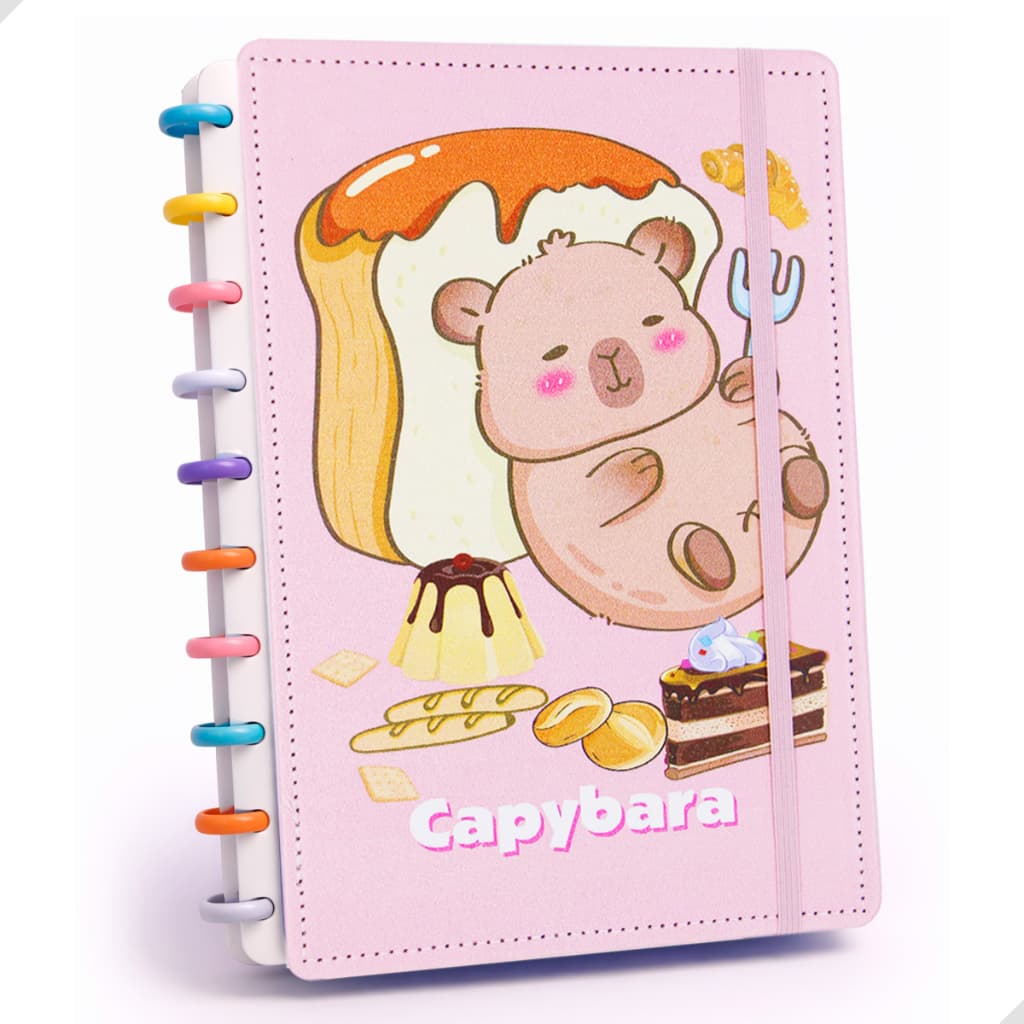 Caderno Inteligente Capivara Padeiro Médio B5 10 Discos Coloridos e Elástico 80 Folhas Escolar