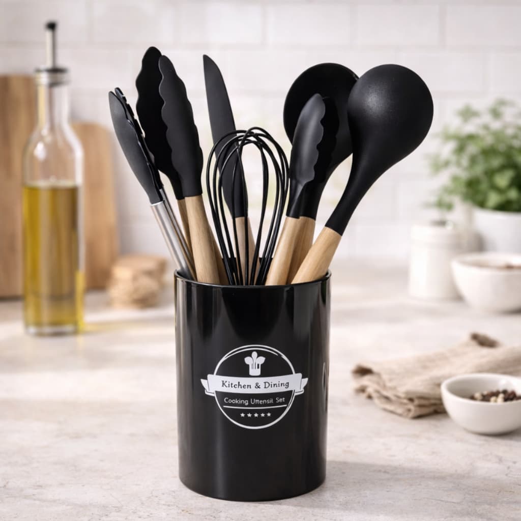 Jogo Utensílios Cozinha Silicone Cinza preto Vermelho Cabo Madeira 7 Peças Antiaderente Não Arranha panela.