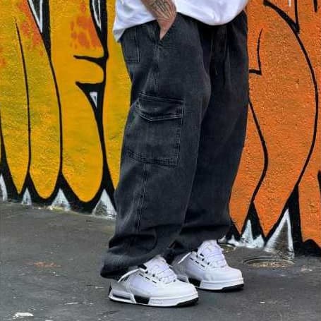 calça cargo jeans/sarja marmorizada streetwear