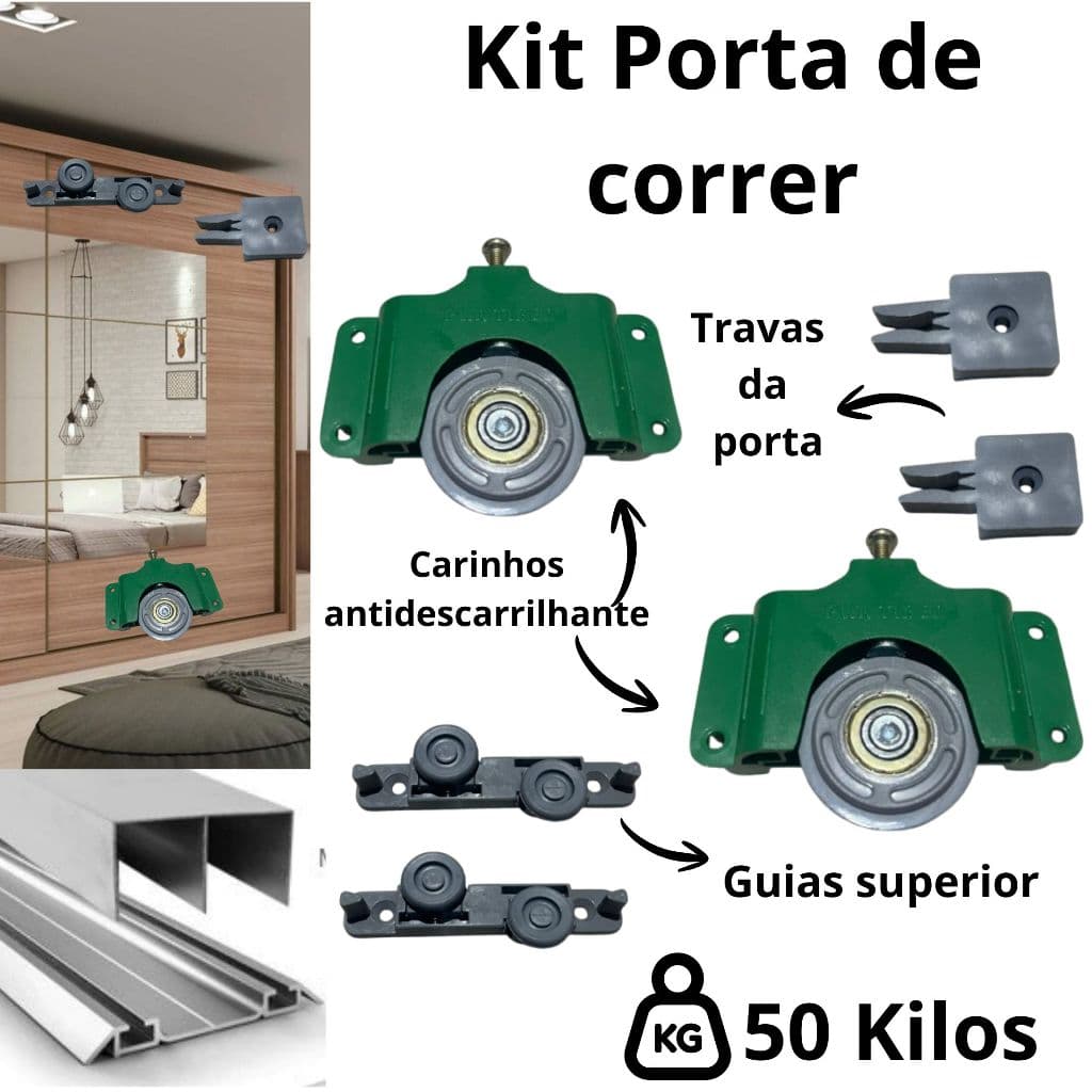 Kit Sistema Deslizante Estilo Ro-65 Roldana Para Porta de Correr Guarda Roupa Armarios e gabinetes 50kg