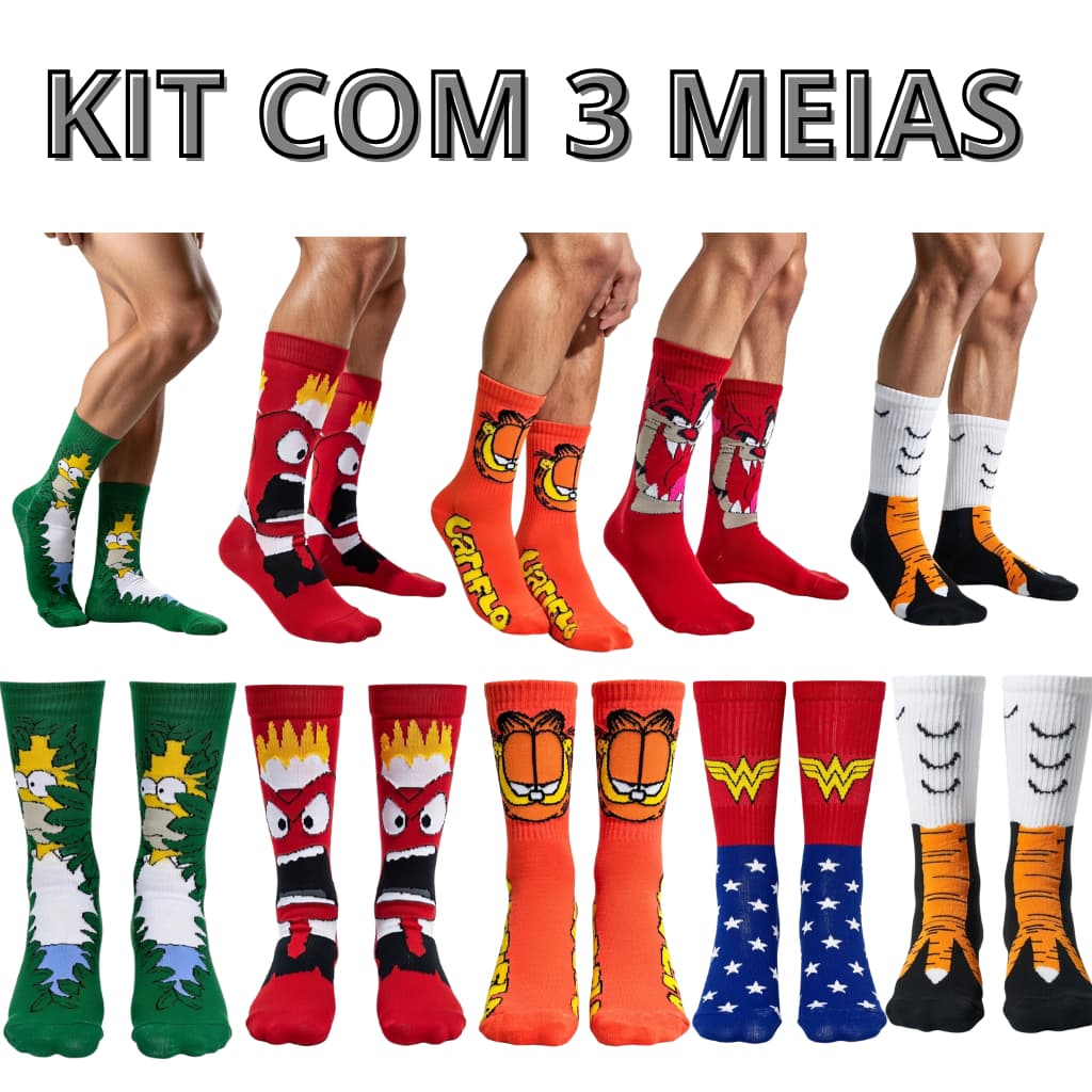 Kit 03 pares de meias Divertidas adulto estampas sortidas
