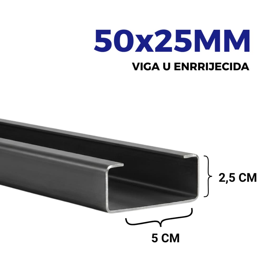 Viga U Enrijecida 2P 50x25MM (5x2,5cm) - Escolha o Comprimento - 2mm de Espessura