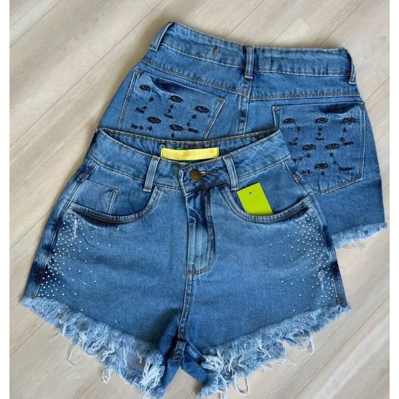 kit 3 shorts jeans feminina cintura alta com bolso