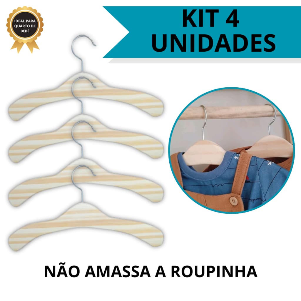 Kit 4 Cabides Infantis de Madeira | Cabide Bebê Resistente para Roupas Infantil