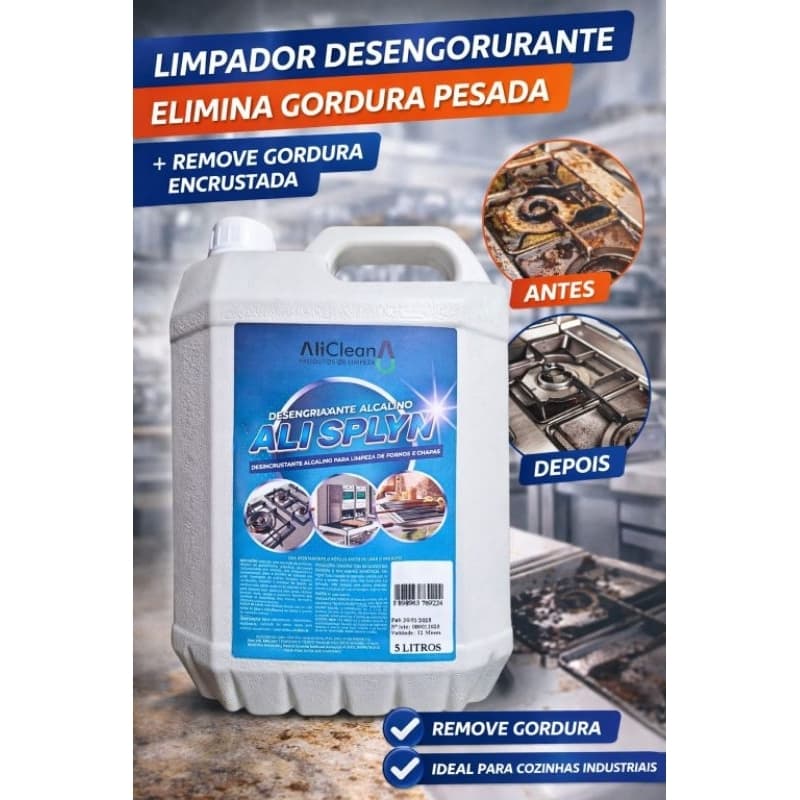 Desengordurante desincrustante alcalino limpa fornos, Air fryer e chapas, espetos, Roupas encardidas, Ali Splyn 5L
