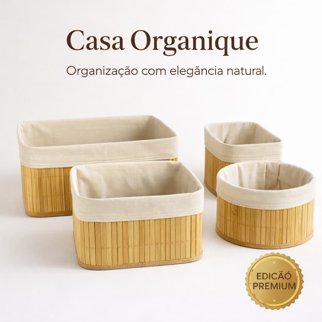 Kit 4 Cestos Organizadores Bambu Natural Decorativo Multiuso Resistente Luxo para Banheiro Quarto e Cozinha