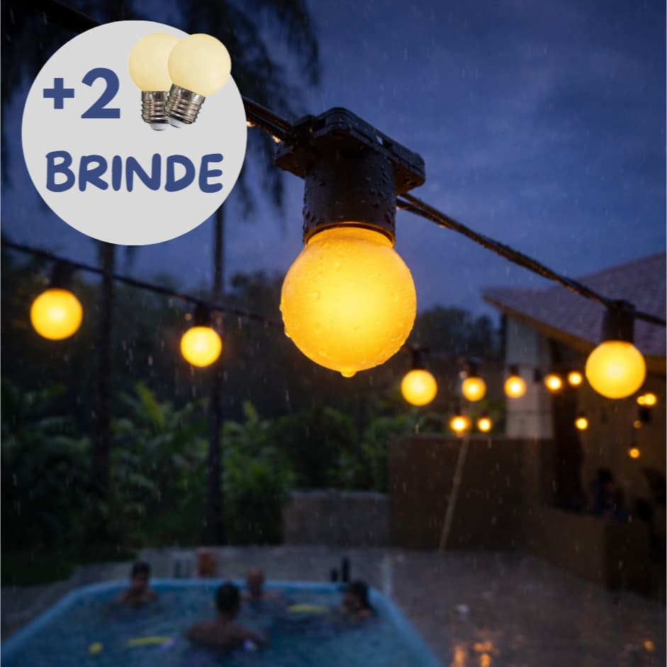Varal de luzes - Leitosa 7W - área externa até 25m + 25 lâmpadas inclusas - VAI DUAS DE BRINDE!