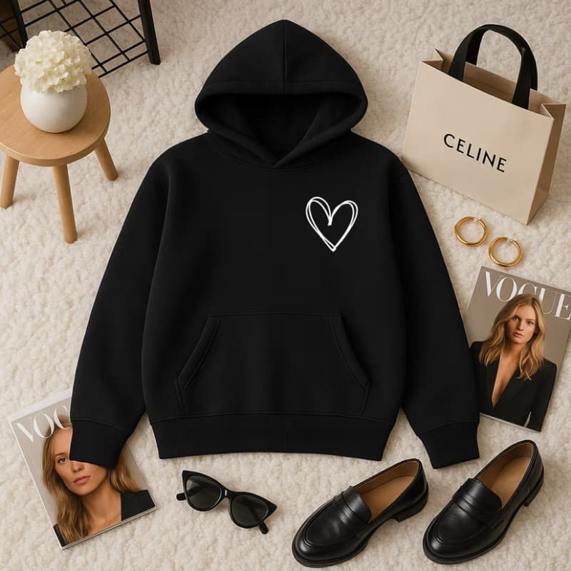 Moletom Feminino Coração No Peito Moletom Unissex Bolso Canguru Com Capuz Flanelado ENVIO IMEDIATO