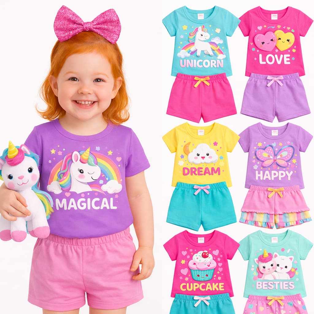 Kit Sortidos 2 ou 4 Peças de Roupas Infantil Menina Verão Conjuntos Feminino Bebê Verão Manga Curta e Shorts
