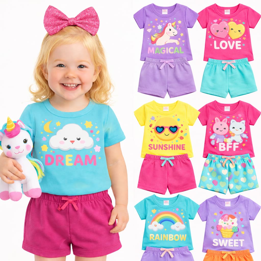 Kit 2 ou 4 Peças de Roupas Infantil Menina Verão Conjunto Infantil Bebê Verão Menina Manga Curta e Shorts Sortidos