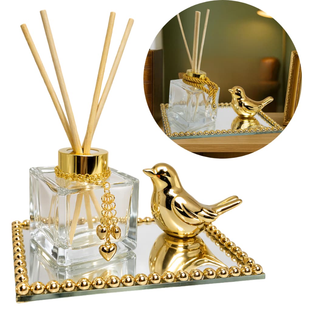 Kit Luxo Difusor Aromatizador de Ambiente Cubo  London 100ml com Corrente ou Cordão com Passaro  e  Bandeja decorativa