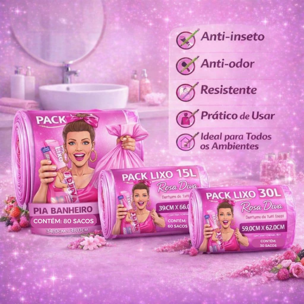 Saco de Lixo Perfumado Rosa Diva TUTTI FRUTI 10L 15L 30L Pia Banheiro Cozinha Reforçado Anti Odor