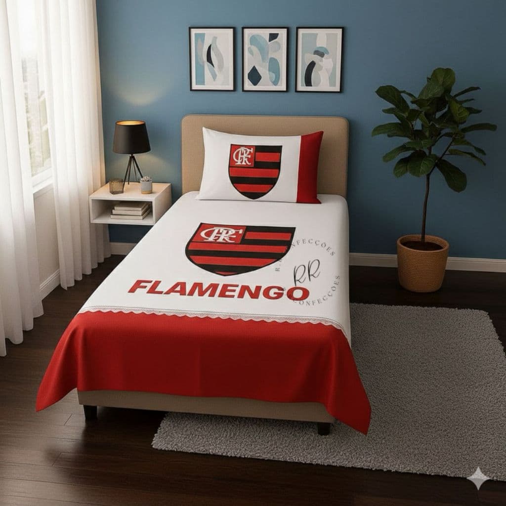 Jogo Lençol Solteiro 1,40 x 2,20 Personalizado Time de Futebol Com Fronhas Jogo de Cama
