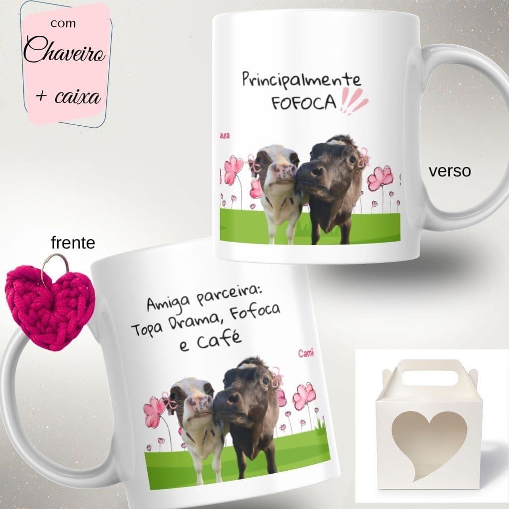 Caneca Personalizada Amiga + frase divertida fofoca e café + caixa presente+ chaveiro fio de malha