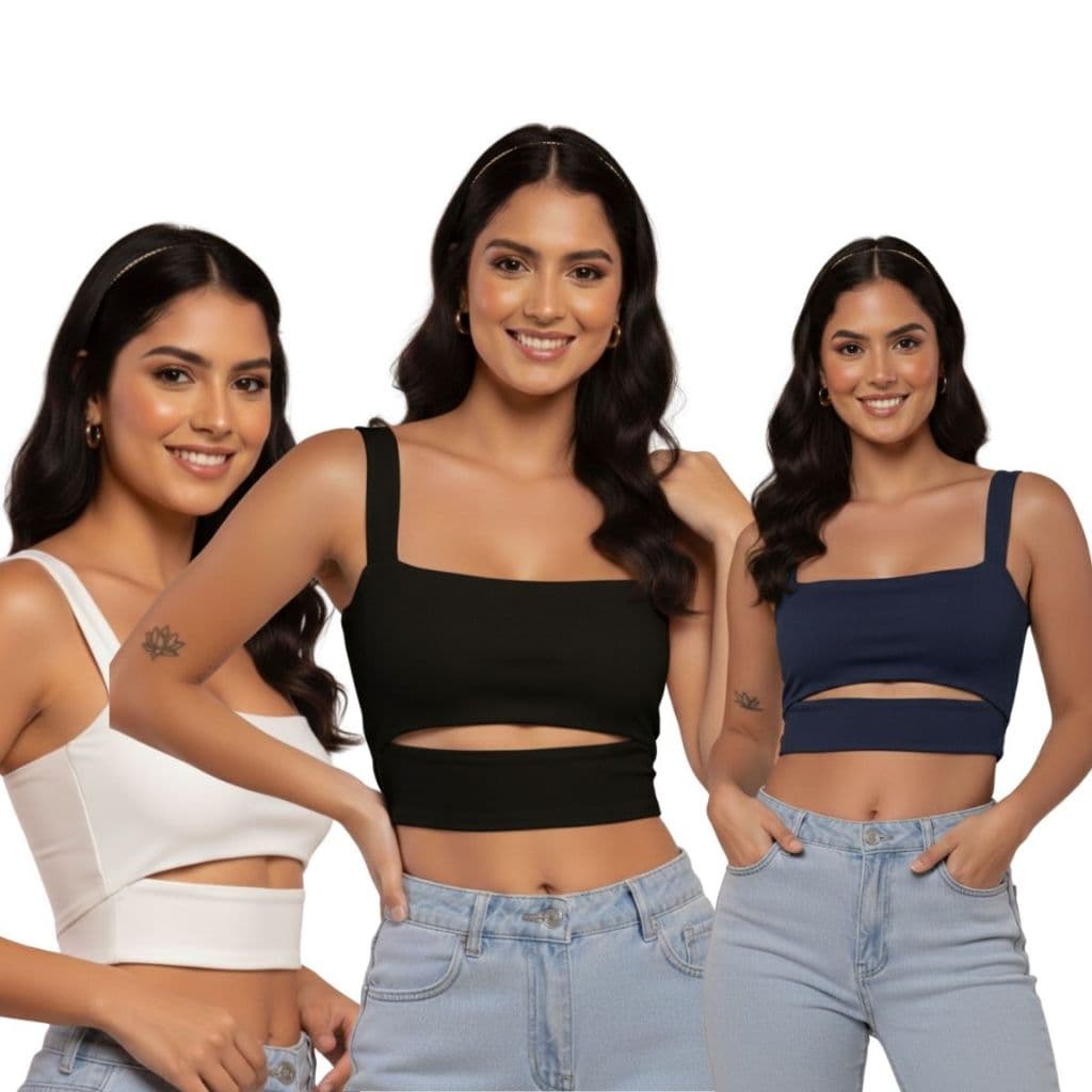 Top Cropped Feminino Decote Quadrado Recorte Moderno Estilo Alça Moda Gringa Casual Street Suplex Toque de Poliamida