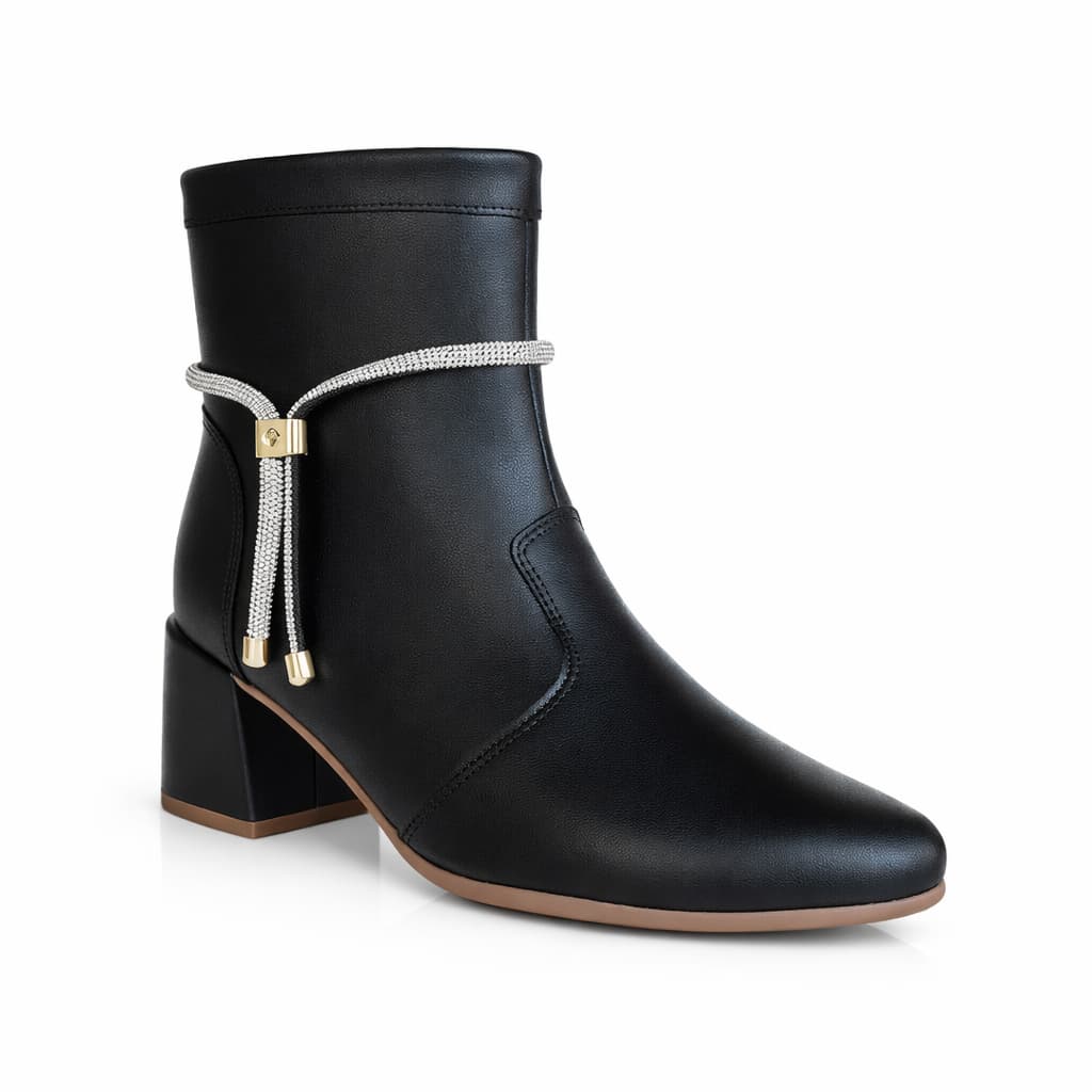 Bota Feminina Bico Fino Cano Curto Salto Bloco Geometrico com Zíper e Enfeite de Strass Luxo com ABS Regulavel