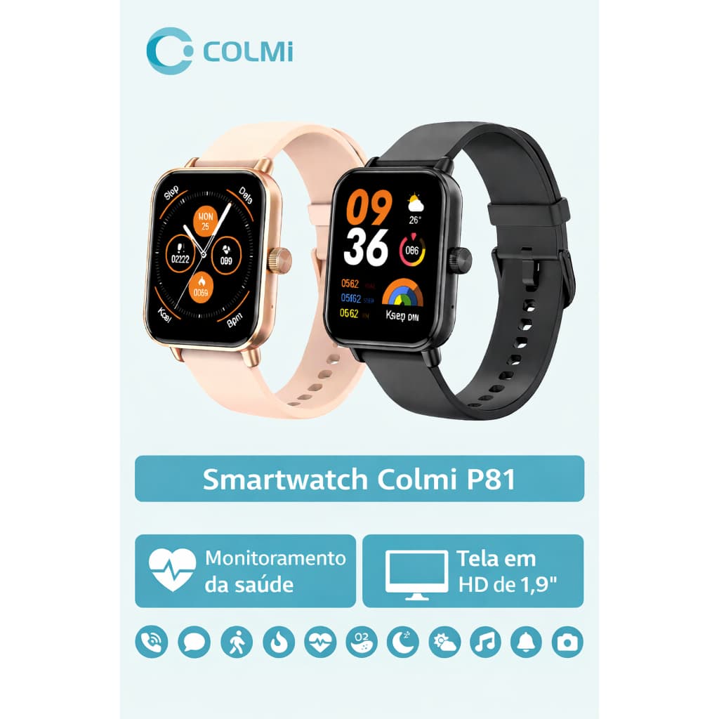 Smartwatch COLMI P81 Original Tela 1.9” Bluetooth Chamadas + Saúde IP68 Esportivo