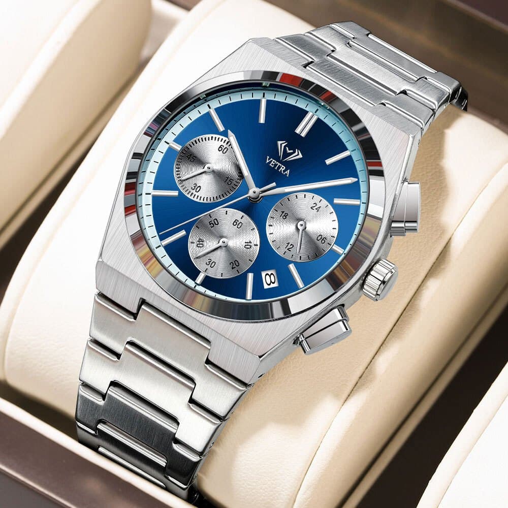 VETRA Relógio Masculino Original Cronógrafo Multifuncional a Prova d Água Presente para Homem Aço Inoxidável Azul B203