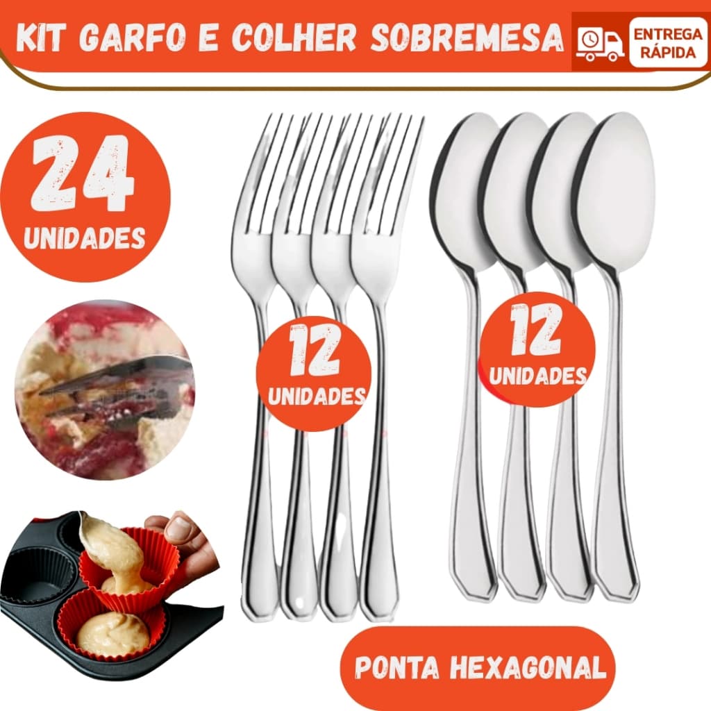 Kit 24 Peças Garfo Colher Sobremesa Elegante Aço Inox Casa Enxoval Restaurante Churrascaria Buffet