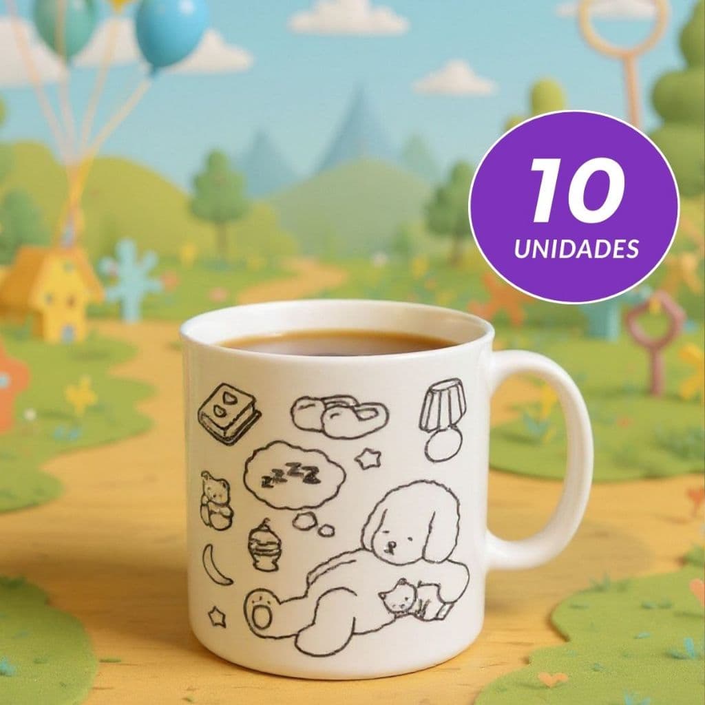 Kit 10 Canecas colorir pintar urso cachorro dominhoco para crianças creche caneca infantil personalizada merenda escolar