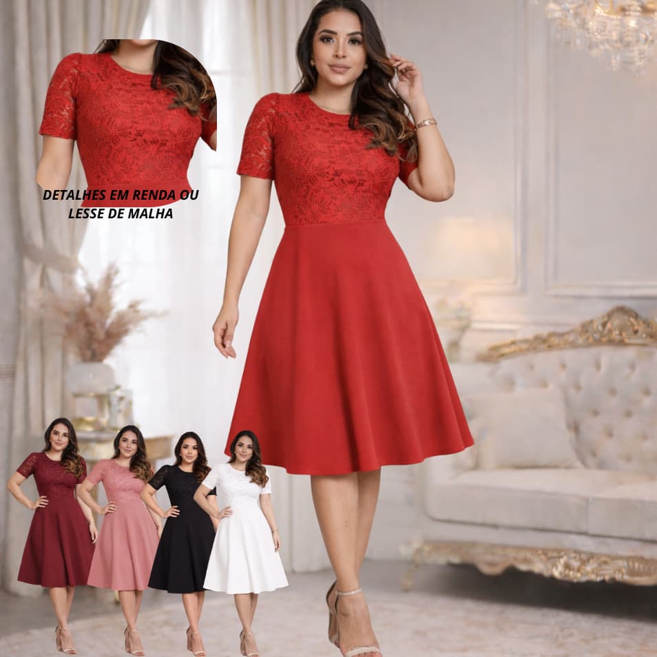 VESTIDO MIDI RODADO SOCIAL MANGA CURTA FRENTE RENDADA MODA EVANGELICA PLUSSIZE ELEGANTE CASUAL FESTA