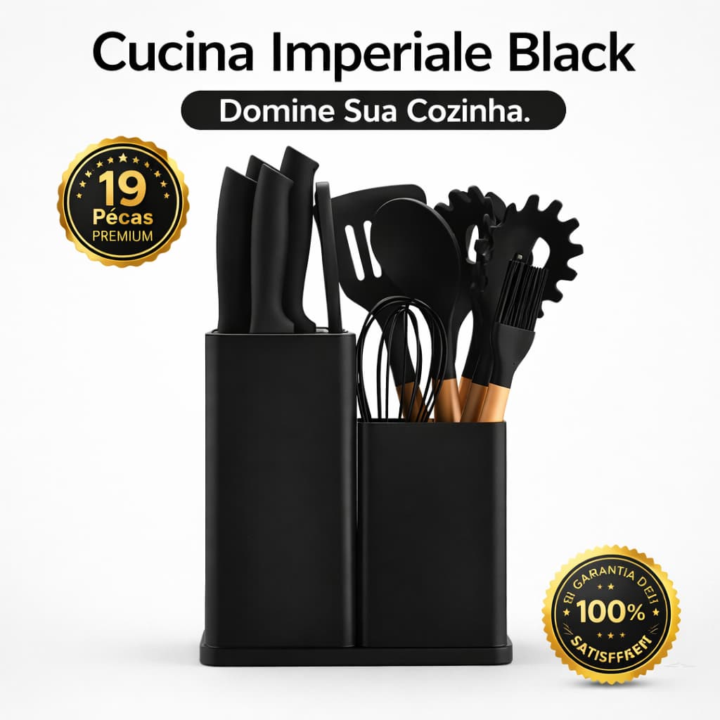 Conjunto de Utensílios de Cozinha 19 Peças Preto com Facas e Porta Utensílios – Cucina Imperiale