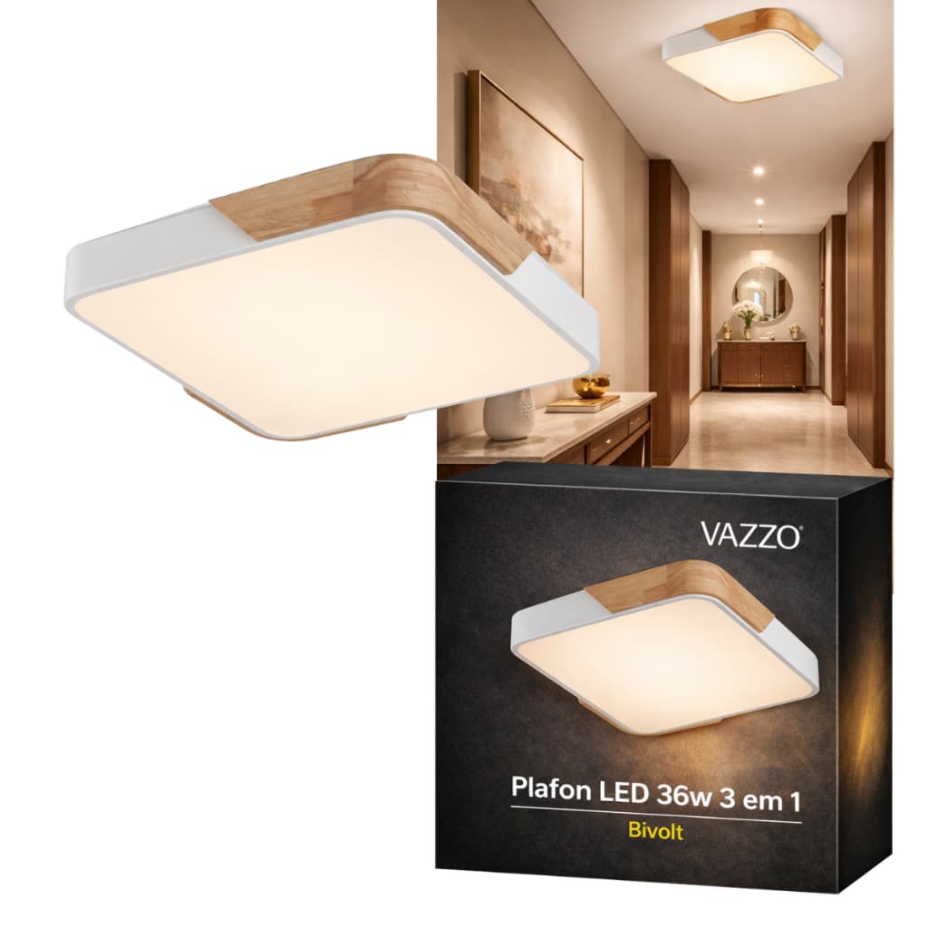 Luminária Plafon Moderno 36w 3 em 1 Amadeirado 30 40 50cm Sala Quarto Closet Bivolt Vazzo