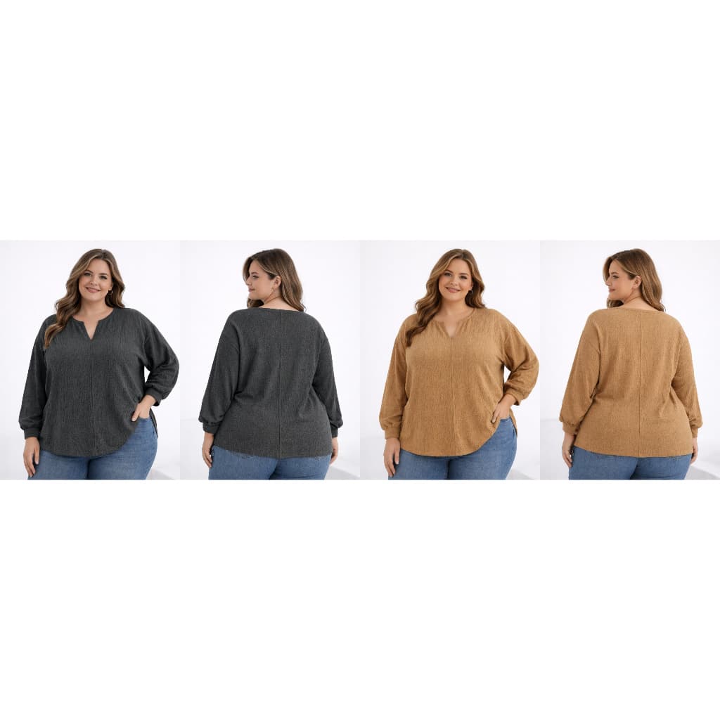 Blusa Plus Size com Elastano Lunender Mais Mulher Manga Longa Confortável Elegante Bege ou Cinza