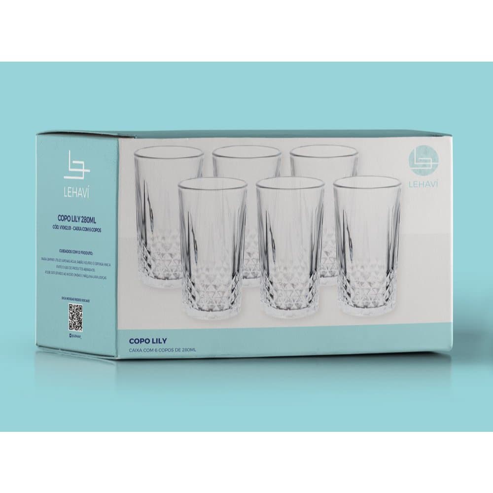 Jogo 6 Copos Vidro Lily 280ml Água Suco Refrigerante Design Cristal Relevo Mesa Posta