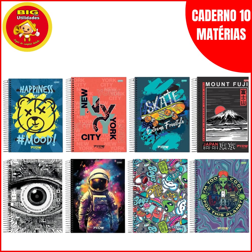 Caderno 10 matérias Universitário masculino Flow Jandaia Escolar Universitário Escolha a Quantidade