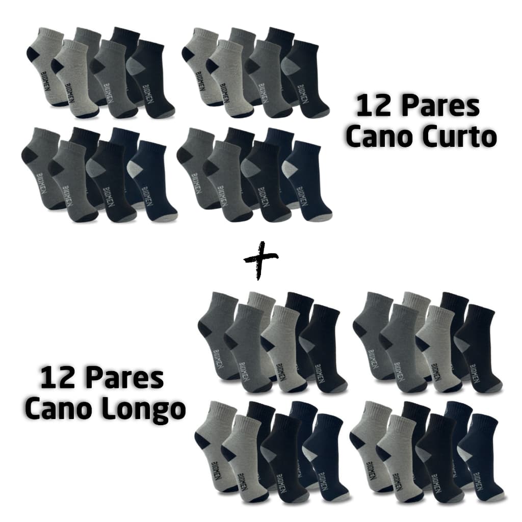 Kit de Meias Masculina Cano Curto e Cano Longo Kit 6 à 24 Pares