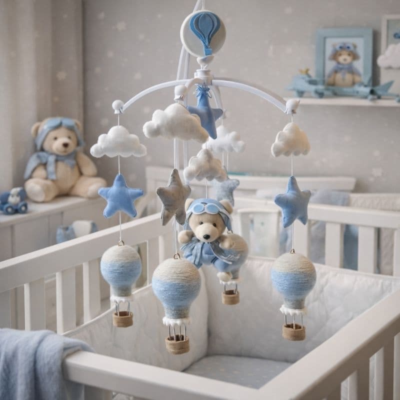 Mobile de berço musical giratório urso aviador nuvem estrela